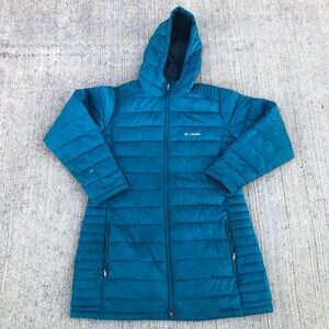 Columbia McKay Lake Jacket Coat Womens XL Long Down Hood Light Puffer Blue